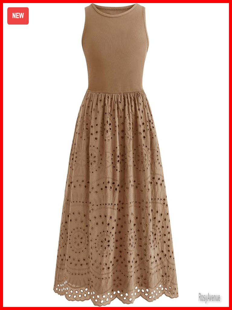 Sleeveless Lace Eyelet Boho Maxi Dress With Pockets